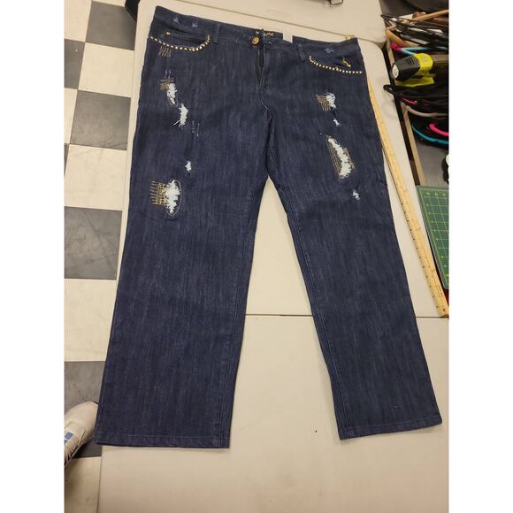 Baby Phat Jeans Sz 24 Womens Blue Denim Plus Size Embellished Distressed Pants - Picture 1 of 11